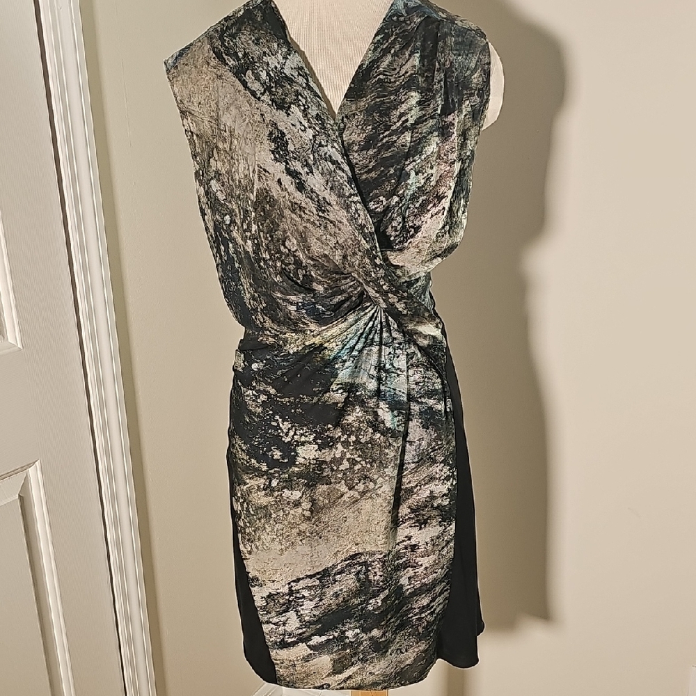 Helmut Lang Asymmetrical Black and Gray/green Marblelized Dress. Size 6 90% Silk